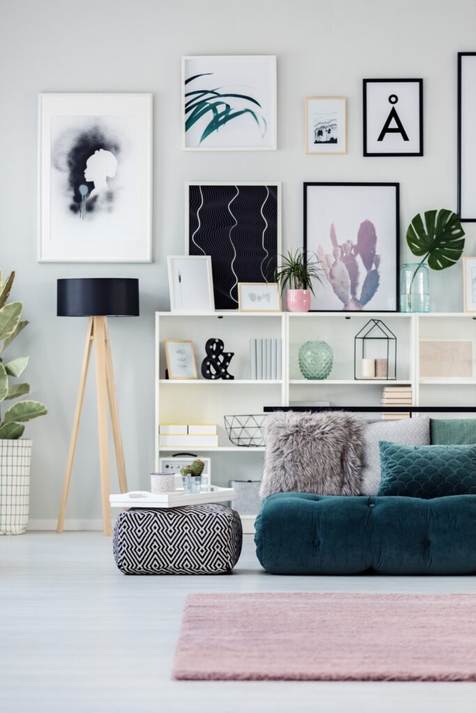 scandinavian bedroom interior with posters PHB4CPN